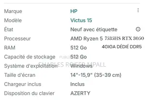 Nouveau Ordinateur portable HP Victus 15 16GB AMD Ryzen 5 SSD 512GB