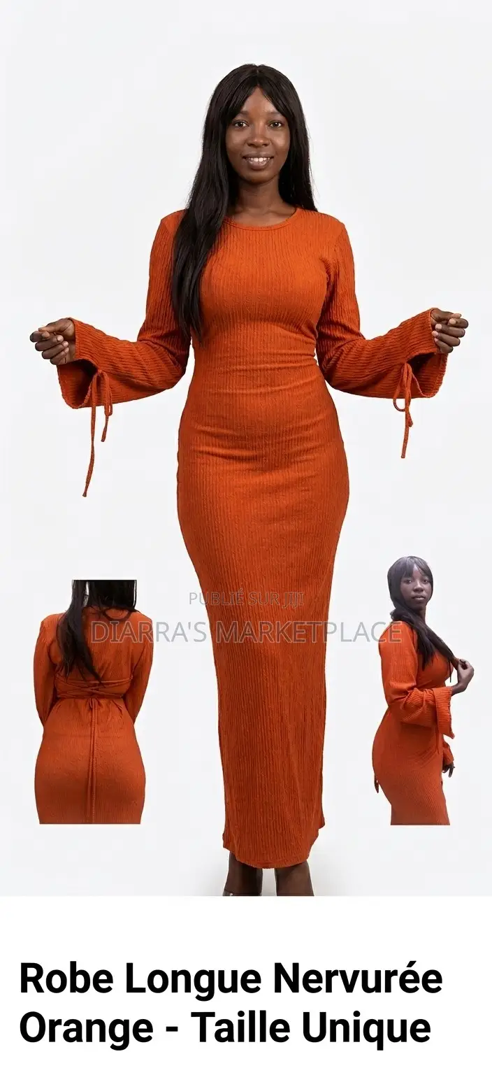 Robe Longue Nervurée Orange Terre De Sienne – Manches Évasées À Nouer