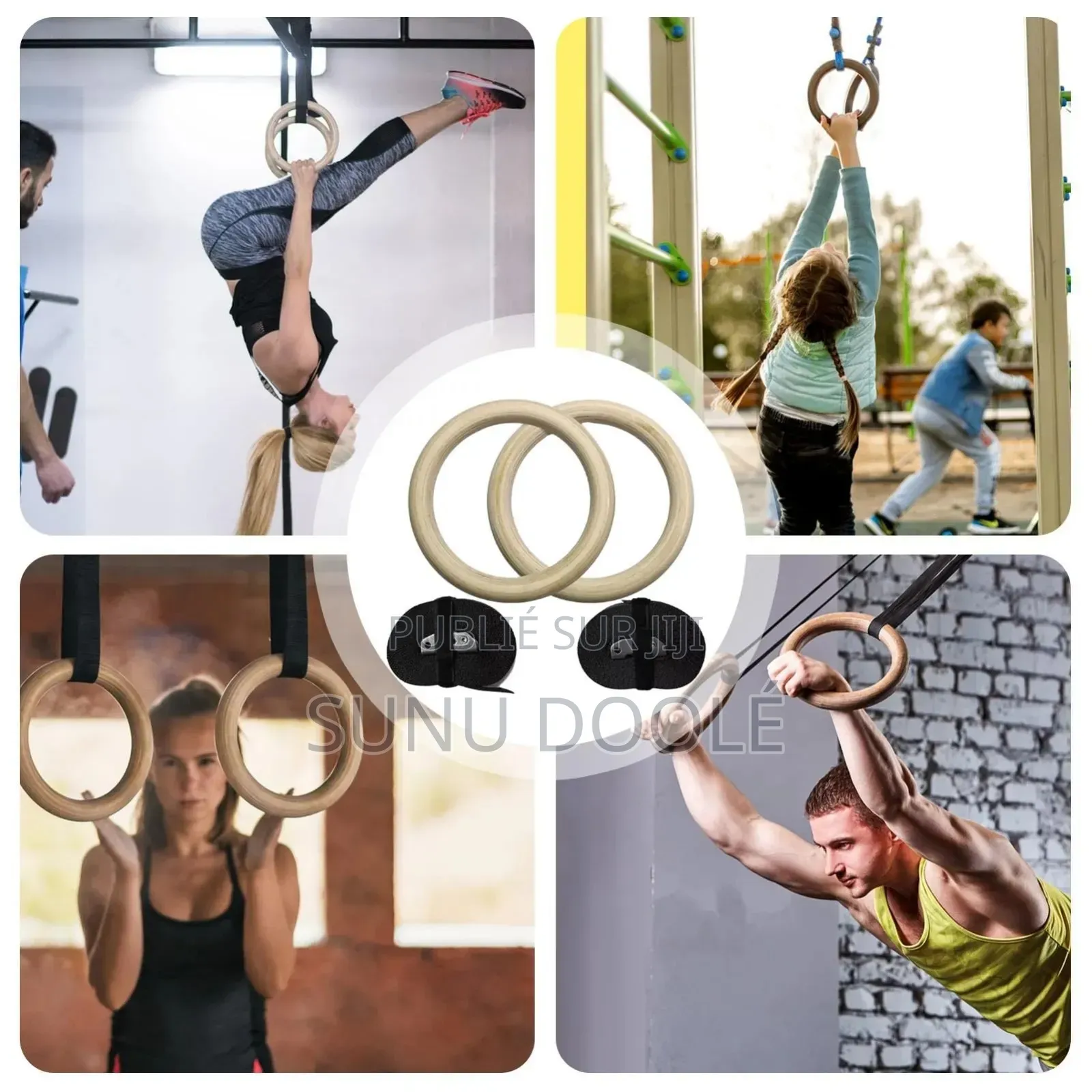 Anneaux Gymnastique en Bois Fitness Crossfit Avec Sangle