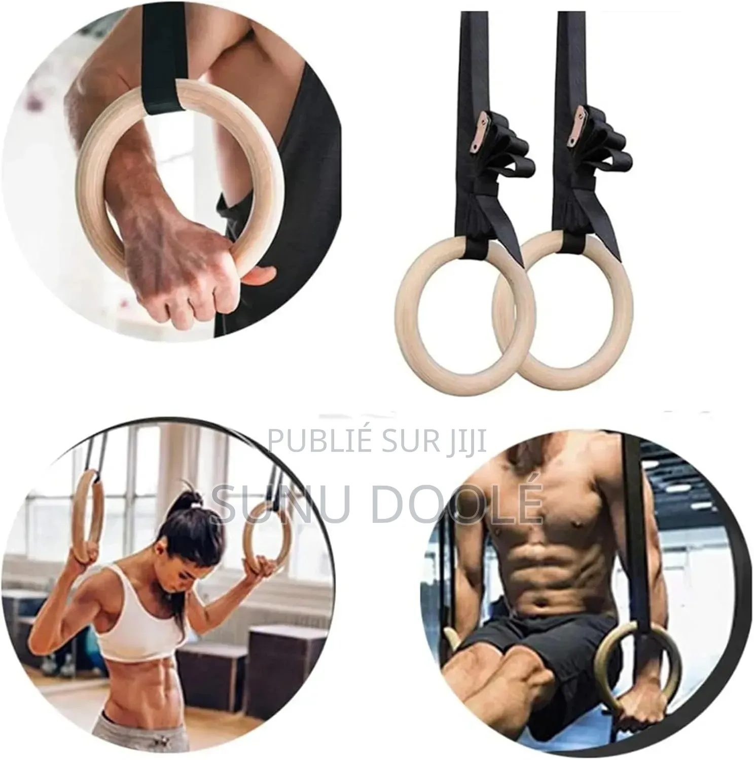 Anneaux Gymnastique en Bois Fitness Crossfit Avec Sangle
