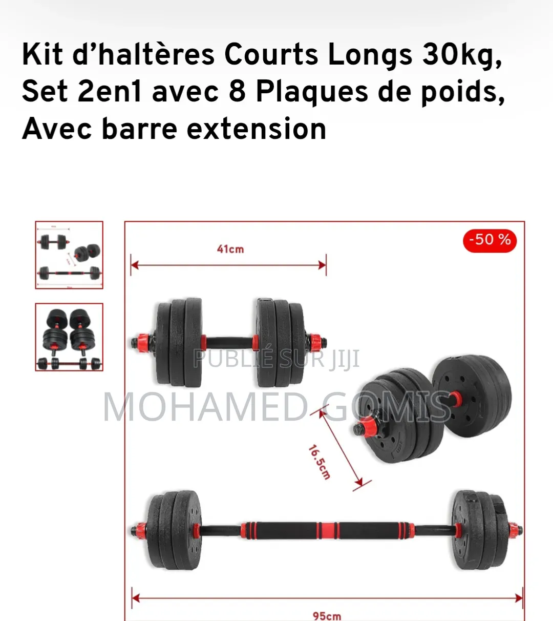 Kit D’Haltères Courts Longs 30kg, Set 2en1 Avec 8 Plaques De Poids.
