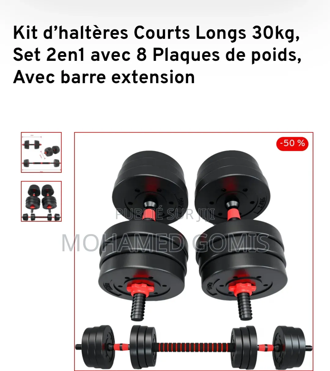 Kit D’Haltères Courts Longs 30kg, Set 2en1 Avec 8 Plaques De Poids.