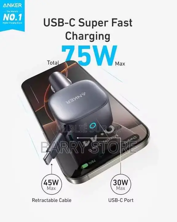 Chargeur De Voiture Anker Usb-C Avec Câble Usb-C Rétractable Intégré