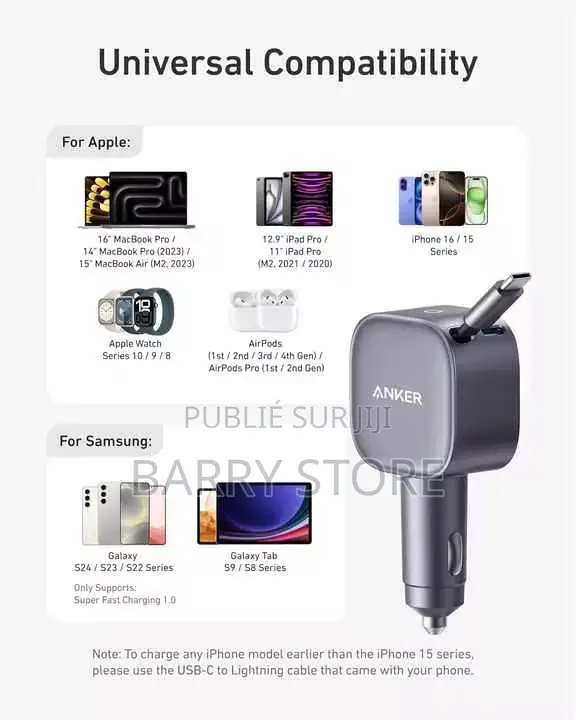Chargeur De Voiture Anker Usb-C Avec Câble Usb-C Rétractable Intégré