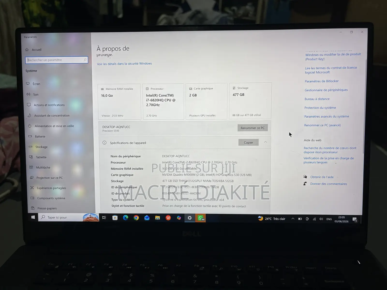 Ordinateur portable Dell Precision 15 5510 16GB Intel Core i7 HDD 500GB