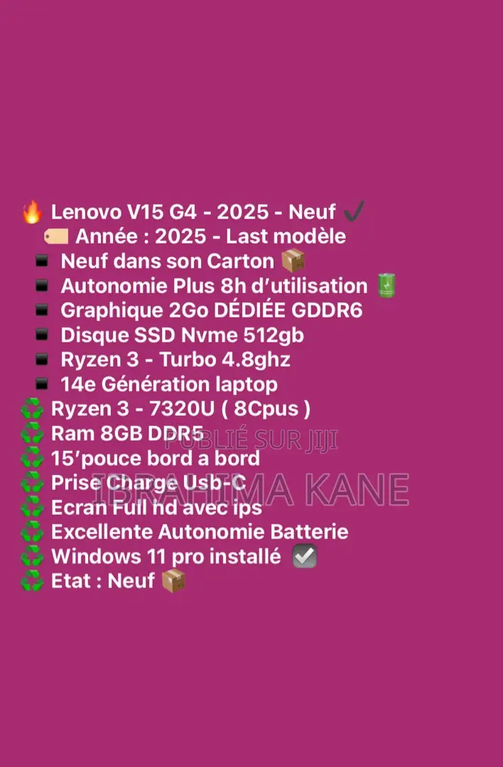 Nouveau Ordinateur portable Lenovo V15 G4 8GB AMD Ryzen 3 SSD 512GB