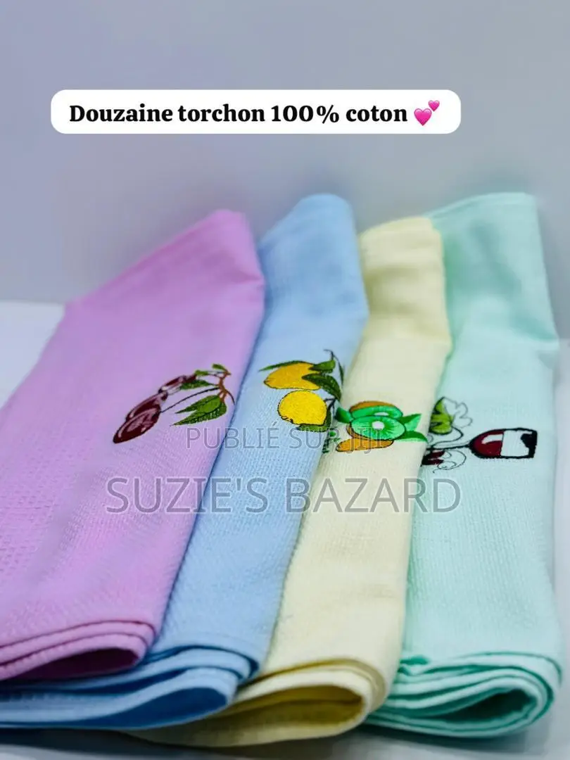 Lot De 12 Torchons De Cuisine 100% Coton – Absorbants, Motifs Brodés,