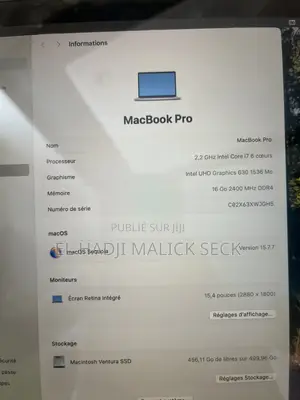 Ordinateur portable Apple MacBook Pro 2018 16GB Intel Core i7 SSD 512GB