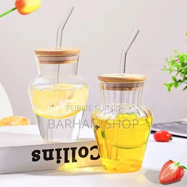 Tasse À Smoothie en Verre Avec Paille Et Couvercle en Bois