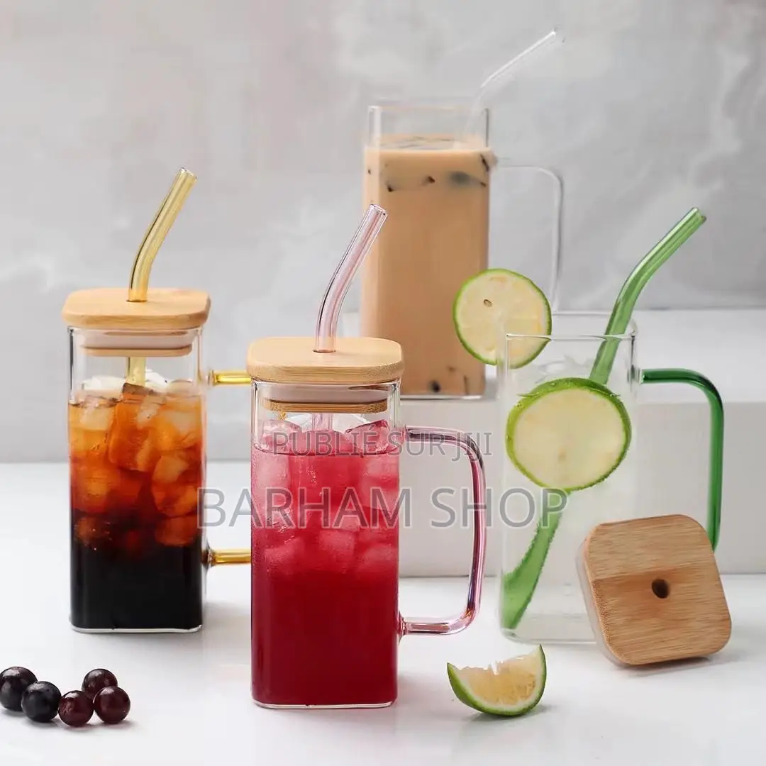 Tasse À Smoothie en Verre Avec Paille Et Couvercle en Bois