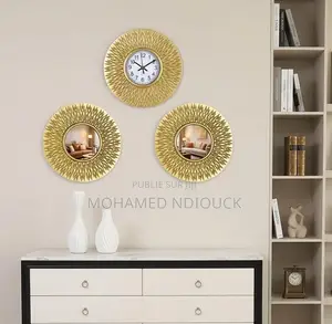Ensemble 3pcs Horloges Et Miroir Murales Dorées