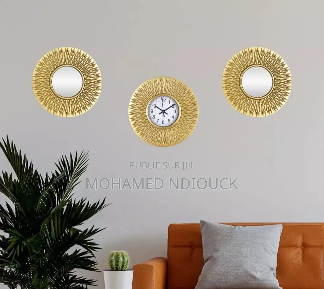 Ensemble 3pcs Horloges Et Miroir Murales Dorées