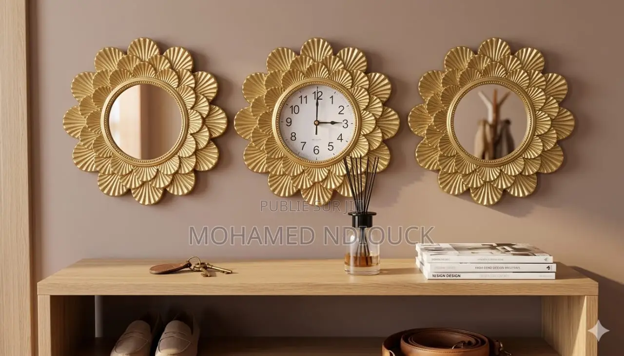 Ensemble 3pcs Horloges Et Miroir Murales Dorées