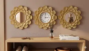 Ensemble 3pcs Horloges Et Miroir Murales Dorées