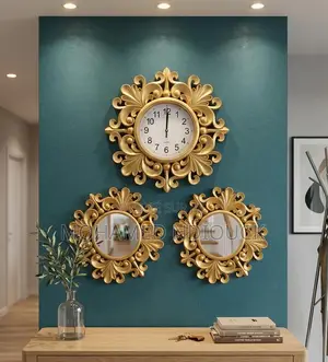 Ensemble 3pcs Horloges Et Miroir Murales Dorées