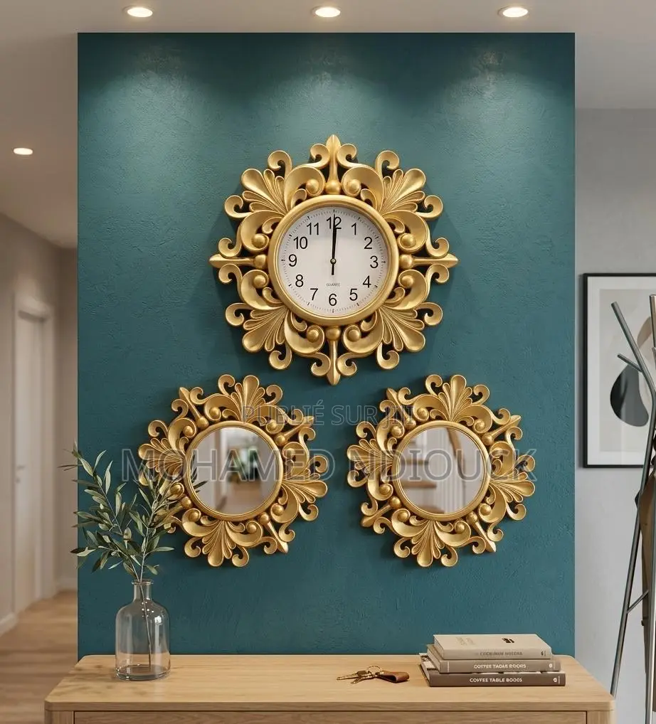 Ensemble 3pcs Horloges Et Miroir Murales Dorées