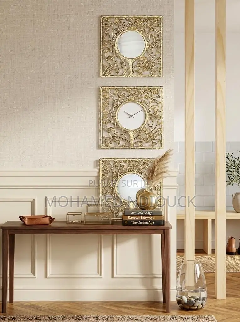 Ensemble 3pcs Horloges Et Miroir Murales Dorées