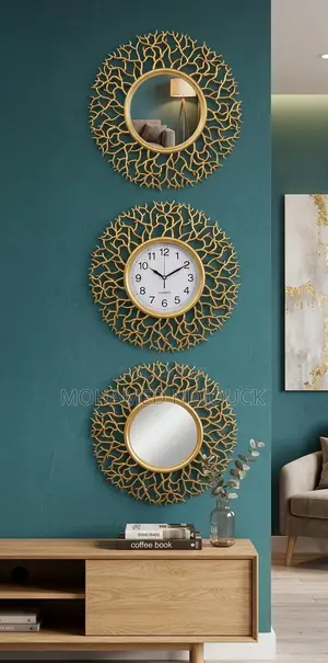 Ensemble 3pcs Horloges Et Miroir Murales Dorées