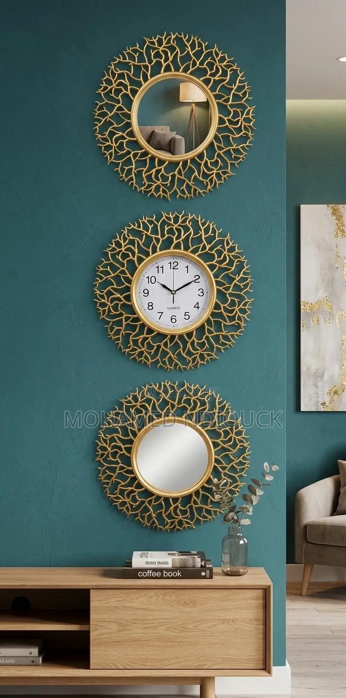 Ensemble 3pcs Horloges Et Miroir Murales Dorées