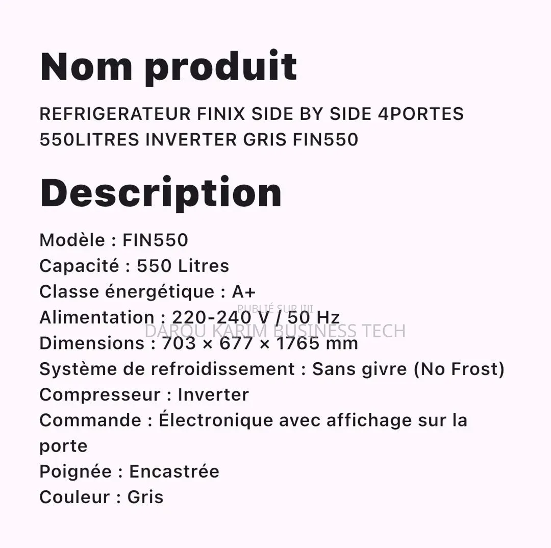 Refrigerateur Finix Side by Side 4portes 550litres Inverter Gris Fin55