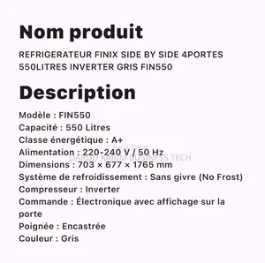 Refrigerateur Finix Side by Side 4portes 550litres Inverter Gris Fin55