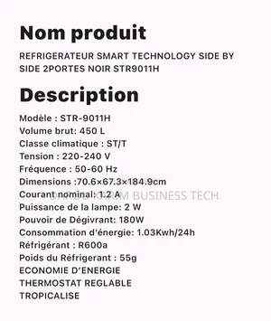 Refrigerateur Smart Technology Side by Side 2portes Noir Str9011h