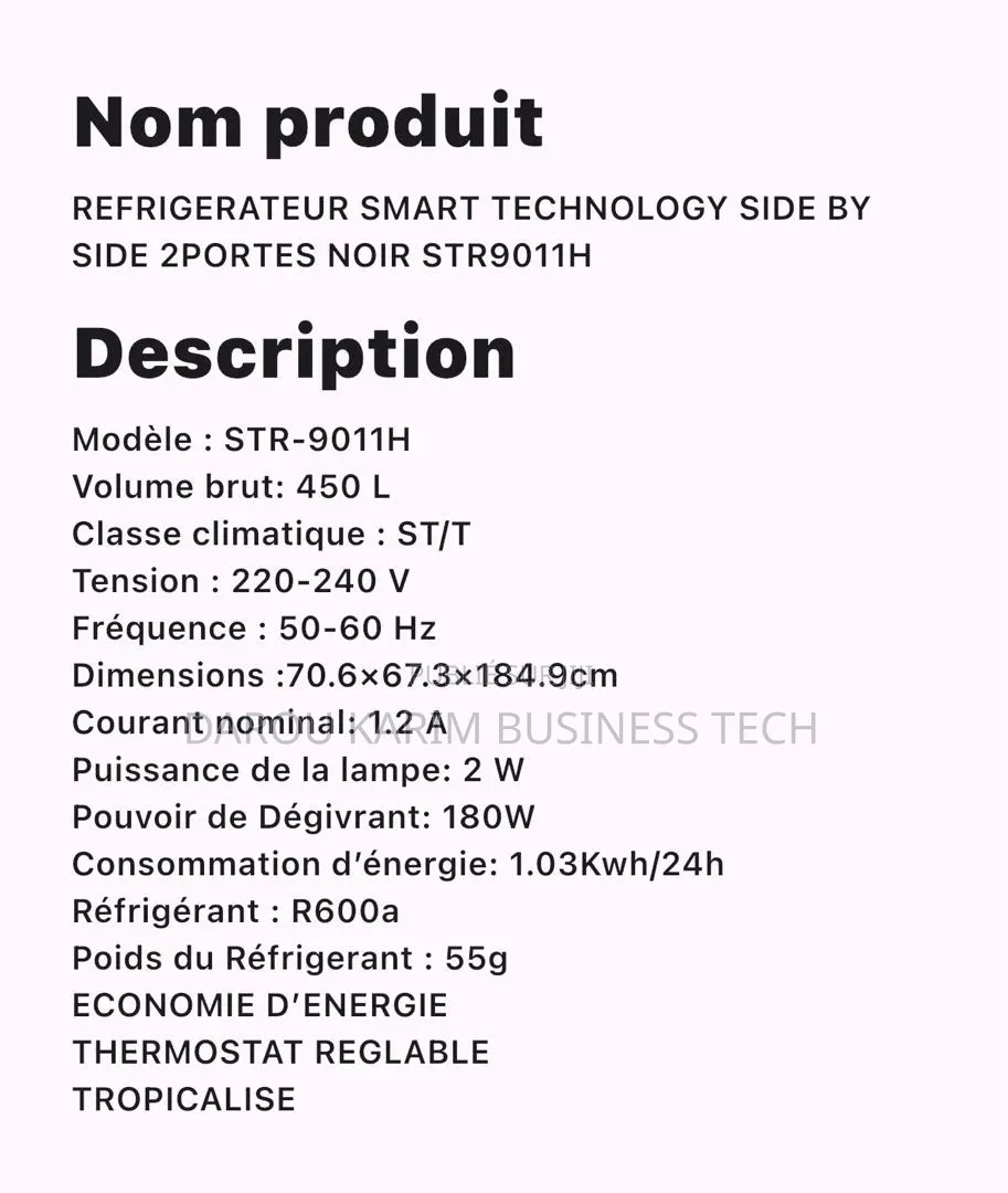 Refrigerateur Smart Technology Side by Side 2portes Noir Str9011h