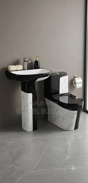 Ensemble Sanitaire Design Premium – Noir Laqué Effet Marbre Blanc