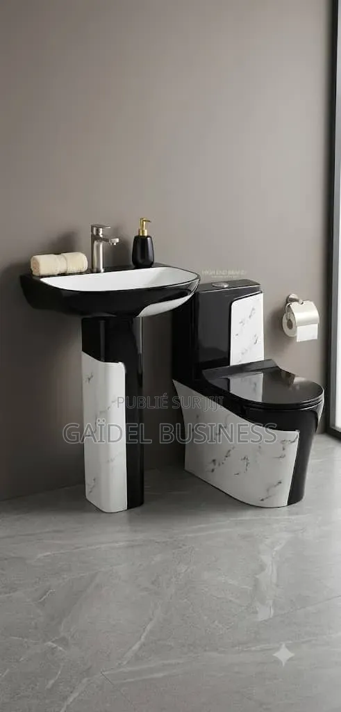 Ensemble Sanitaire Design Premium – Noir Laqué Effet Marbre Blanc