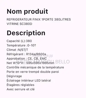 Réfrigérateur FINIX 1 Porte Vitrine 380 Litres SC380D