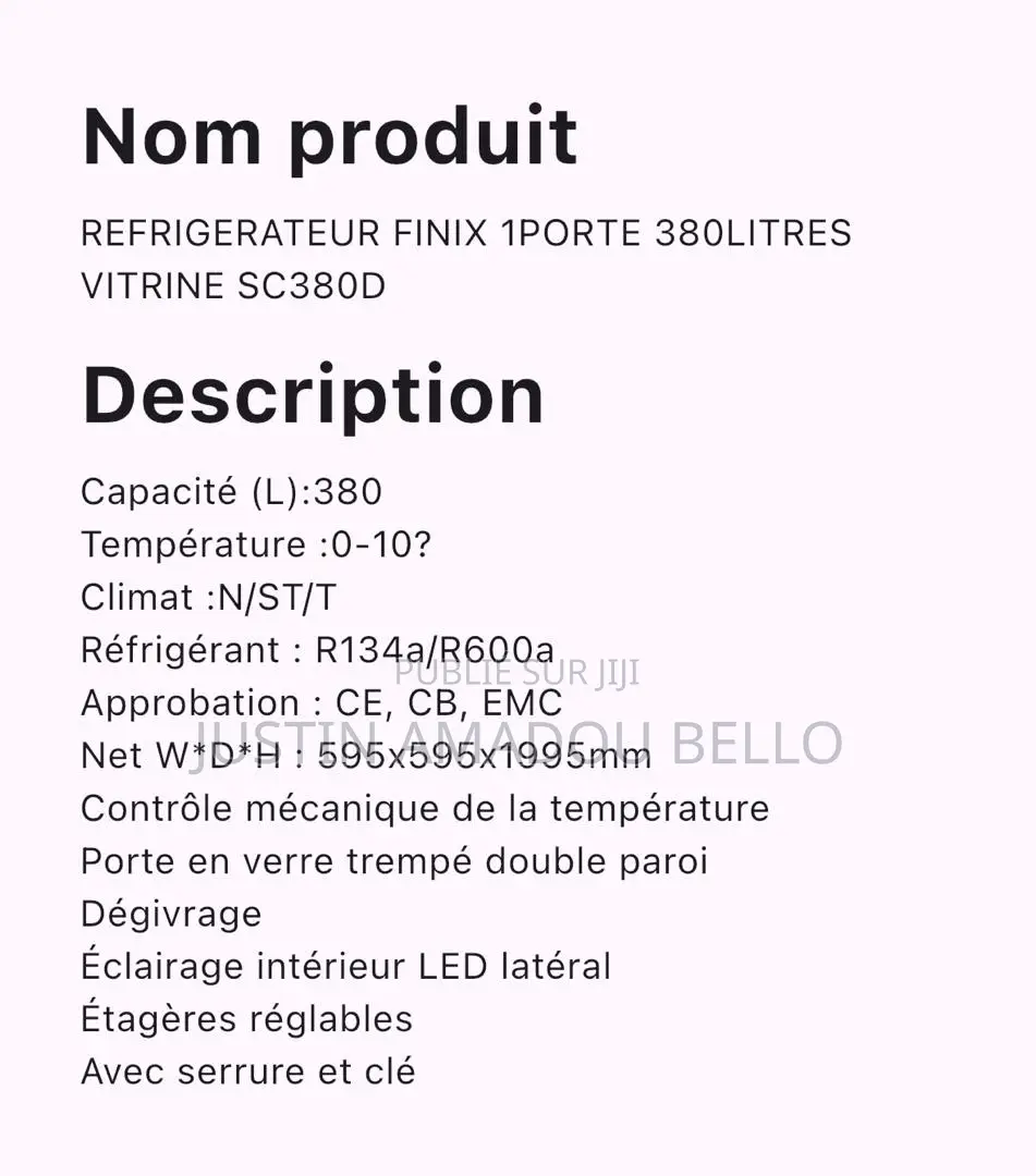 Réfrigérateur FINIX 1 Porte Vitrine 380 Litres SC380D