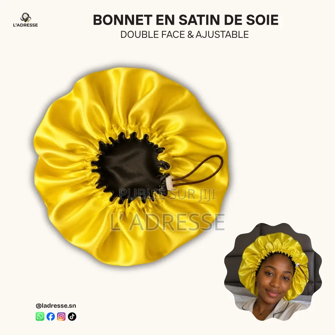 Bonnet en Satin Réversible Ajustable - " Couleur Jaune Et Noire "