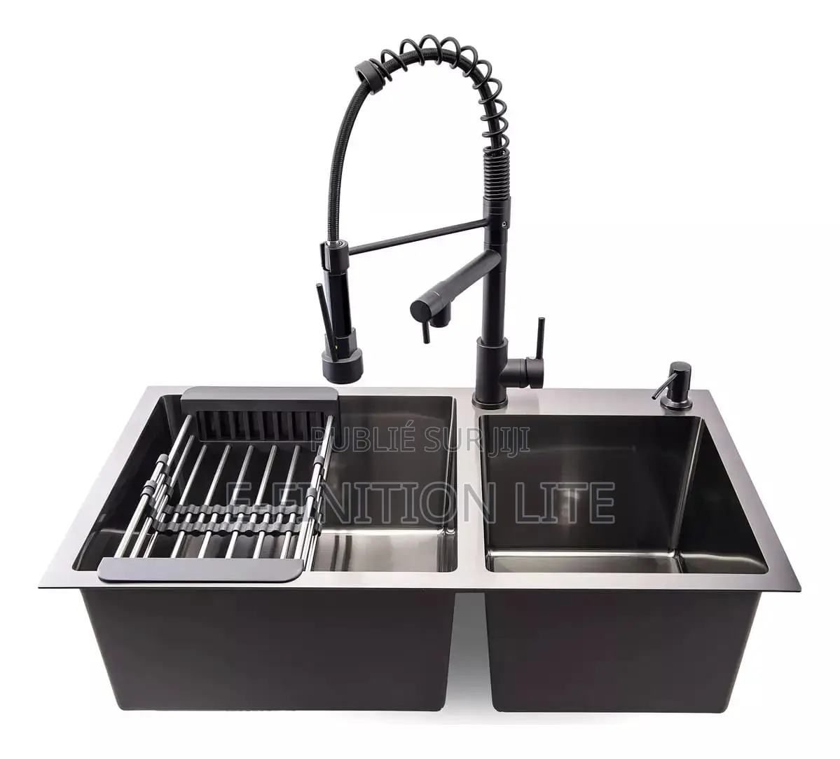 Evier 2 Bac Noir Avec Un Robinet Mitigeur Extractible GM Noir