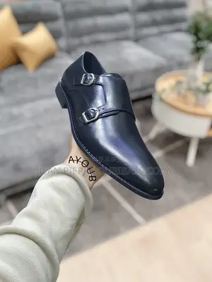 Chaussure Homme en Cuir Noir À Double Boucle Style Classique Élégant