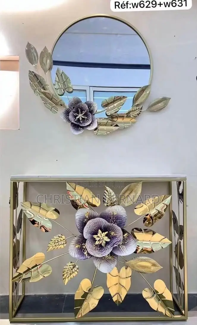 Ensemble Console Rectangulaire Et Miroir Mural Floral en Métal Doré