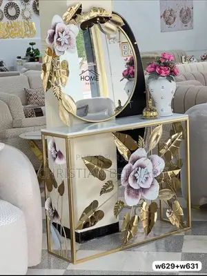 Ensemble Console Rectangulaire Et Miroir Mural Floral en Métal Doré