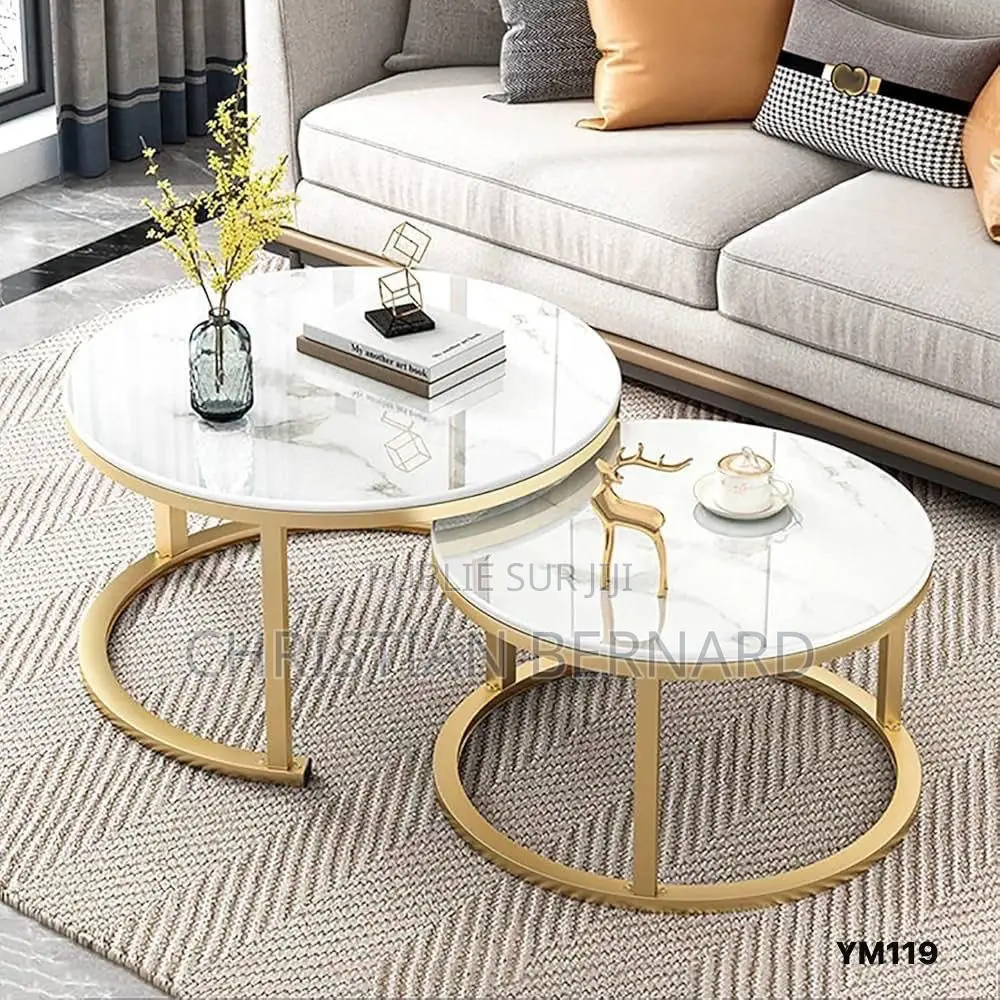 Duo De Tables Basses Empilables / Gigognes Effet Marbre Blanc