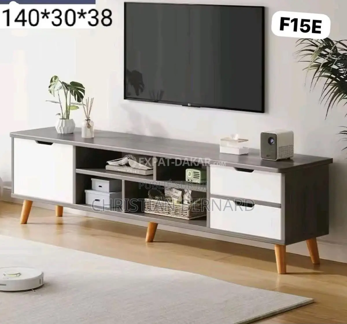 Meuble TV Bas Grand Rangement – 3 Tiroirs Niche Ouverte