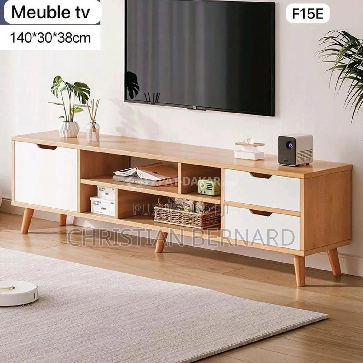 Meuble TV Bas Grand Rangement – 3 Tiroirs Niche Ouverte