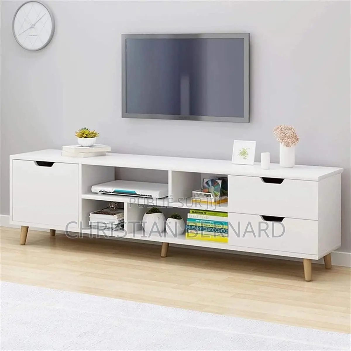 Meuble TV Bas Grand Rangement – 3 Tiroirs Niche Ouverte