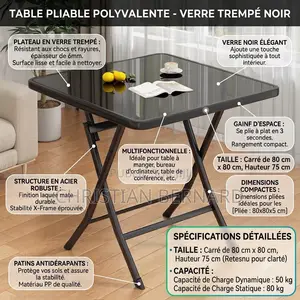 Table Pliable en Verre Noir Et Structure en Métal Noir