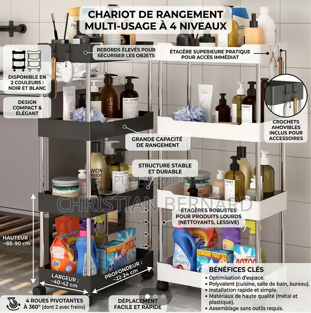 Chariot De Rangement Mobile À 4 Niveaux