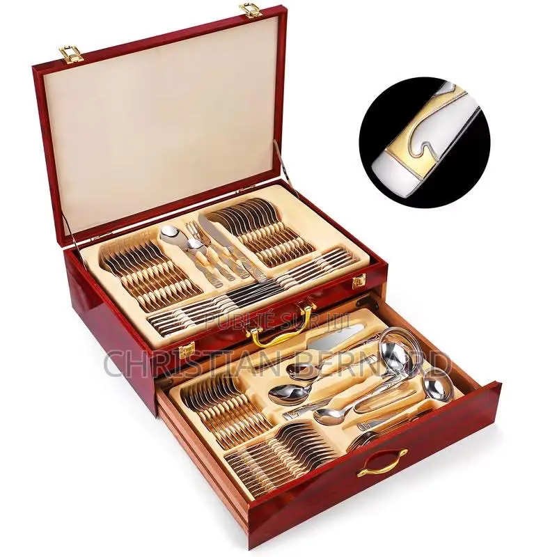 Coffret De Ménagère en Bois De Cerisier - 130 Pièces