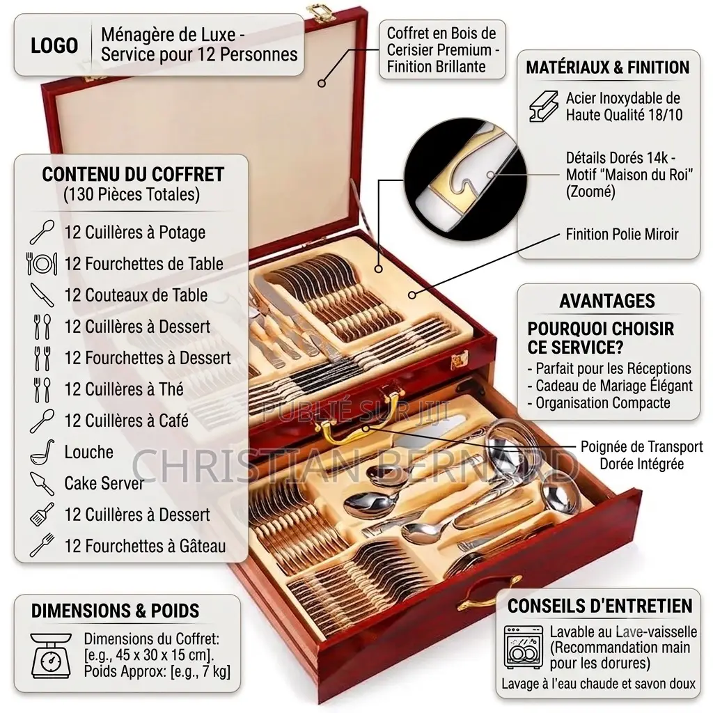 Coffret De Ménagère en Bois De Cerisier - 130 Pièces