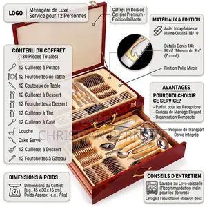 Coffret De Ménagère en Bois De Cerisier - 130 Pièces