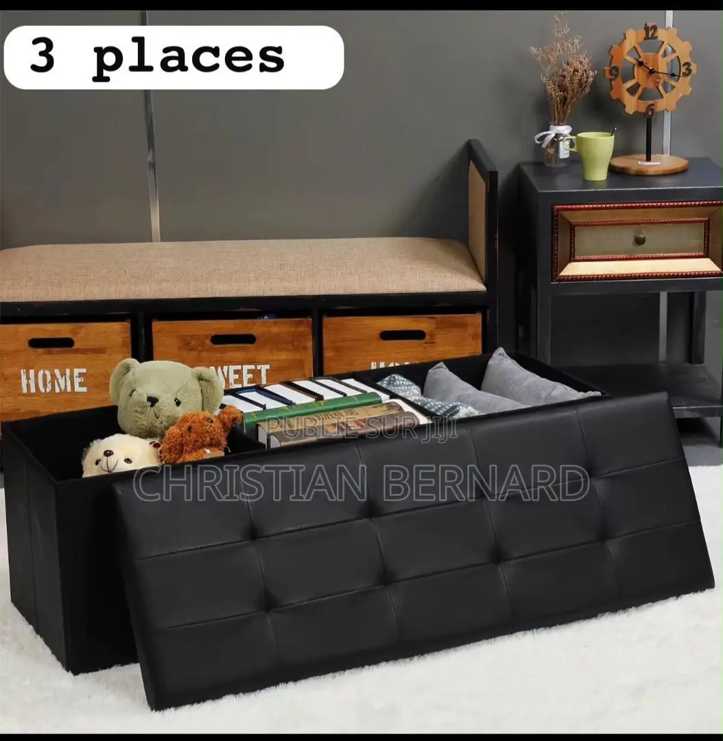 Banc Coffre De Rangement Pliable 3 Places en Similicuir Noir