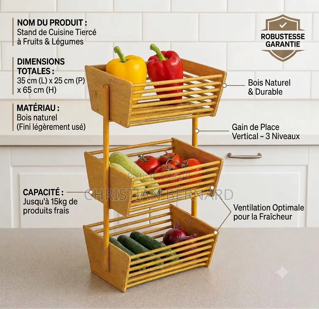 Support À Fruits Légumes en Bois – 3 Niveaux