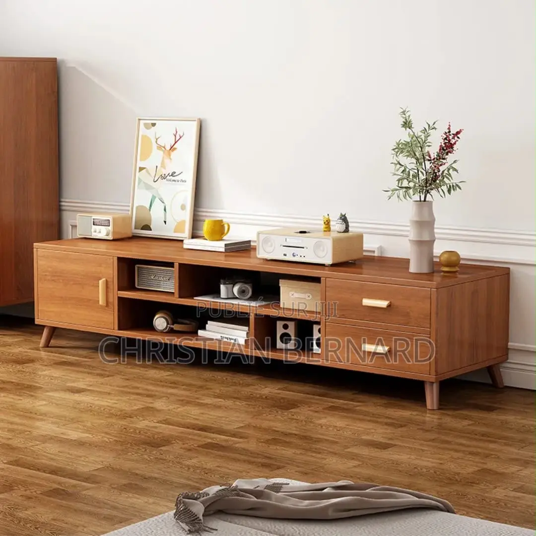 Meuble TV XL Scandinave – Bois Teinte Chêne Chaud Laiton