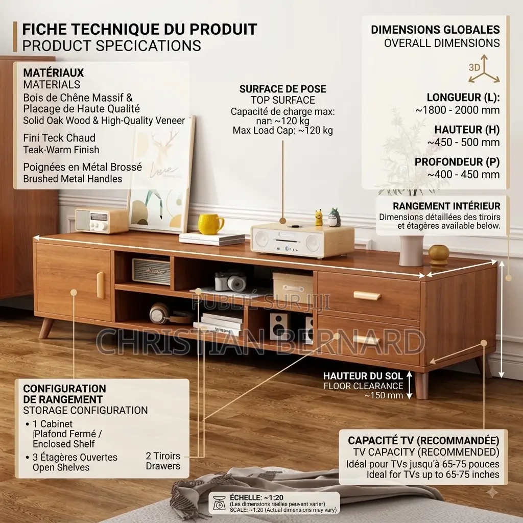 Meuble TV XL Scandinave – Bois Teinte Chêne Chaud Laiton
