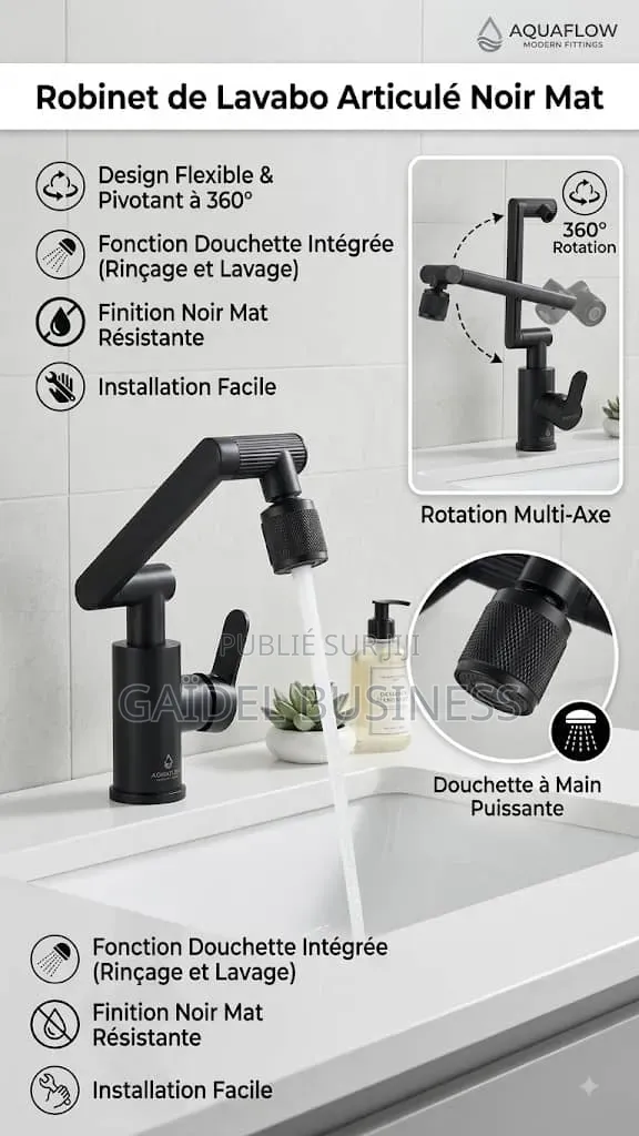 Robinet De Lavabo Articulé Noir Mat 360